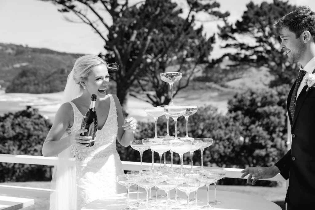 Real Bride Tammy wearing her Custom Harriett Falvey Wedding Dress and Veil Made in New Zealand