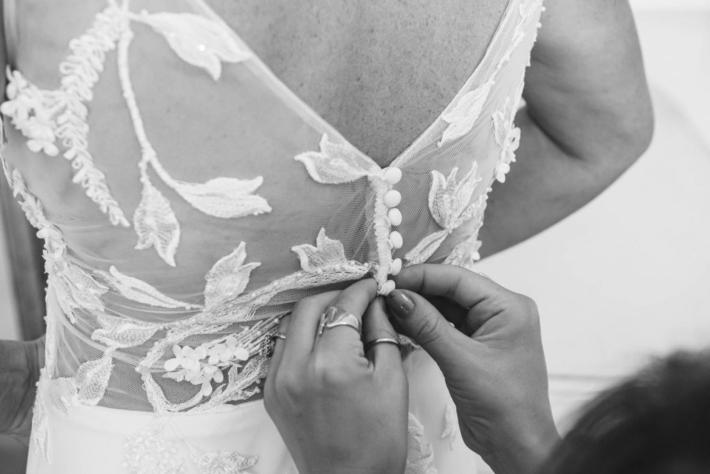 Lydia’s dress was made out of 3D lace manipulated & constructed to look like it ‘came like that’ heavily adorned around the hem and creeping up to a ‘V’ neck bodice, which has extra sparkle and sea pearls added – a truly bespoke Wedding dress for one of my best friends!