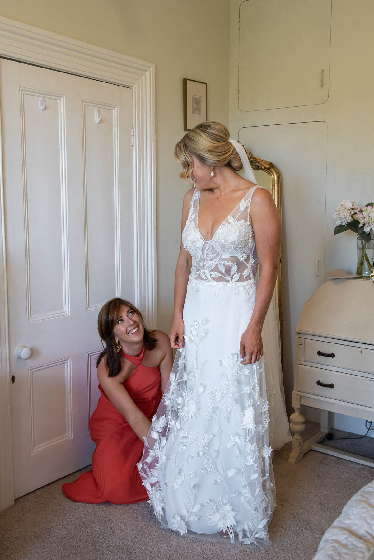 Lydia’s dress was made out of 3D lace manipulated & constructed to look like it ‘came like that’ heavily adorned around the hem and creeping up to a ‘V’ neck bodice, which has extra sparkle and sea pearls added – a truly bespoke Wedding dress for one of my best friends!